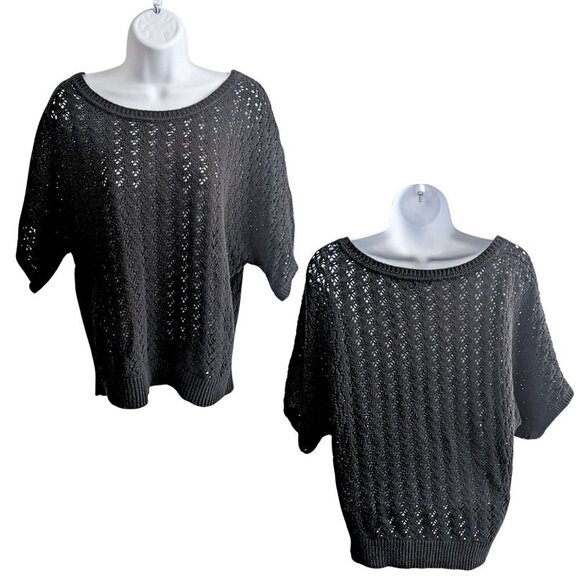 89TH & MADISON Black Crochet Short Sleeve Open Weave Sweater Cotton Blend Size M - Picture 1 of 6